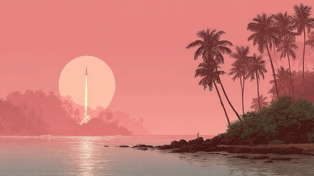Pink sunset, rocket launch over tropical island