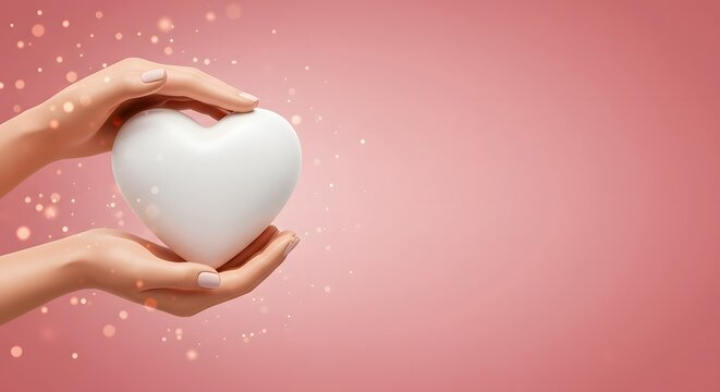 Hands gently holding a white heart against a soft pink background with bokeh lights scattered around it - Powered by Adobe