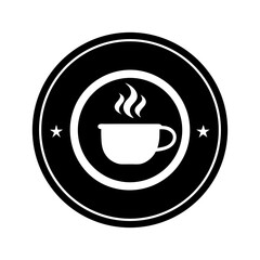 Circular vintage badge with coffee cup and steam on white background retro cafe style emblem  