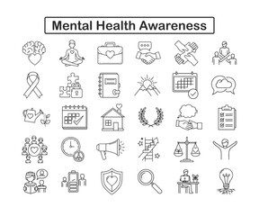Fototapeta premium Mental Health Icons: Awareness & Workplace Wellness Vector Set