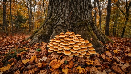 Fungi sprouting at the base of a tree within the forest