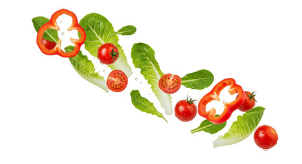 Falling vegetables, fresh salad of bell pepper, tomato and lettuce leaves
