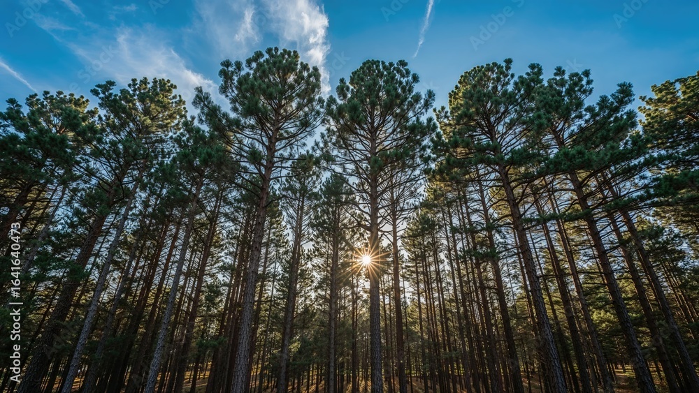 Poster a lofty pine forest with thin trees allowing sun rays to shine inside a tranquil park.