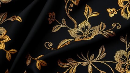 Black luxury fabric with floral embroidery and gold threads, showcasing elegant texture detail.