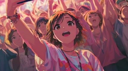 anime animation, a young female idol takes a selfie with her fans