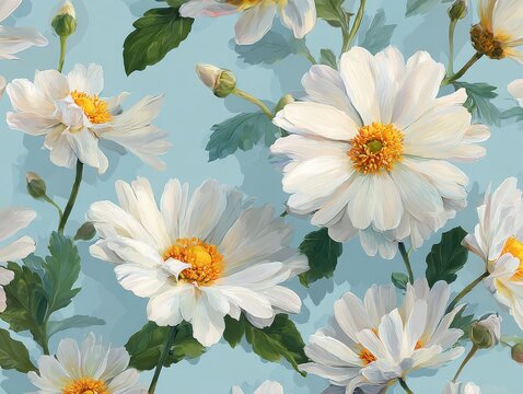 Elegant seamless pattern inspired by white Chamomile, anemones delicate in light blue background - Powered by Adobe