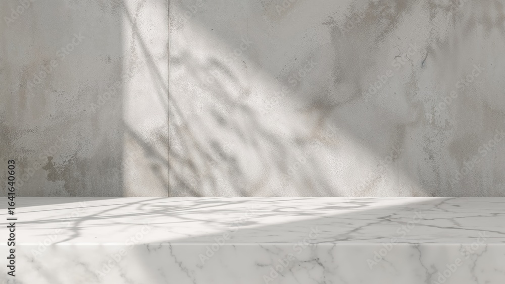 Poster bright marble surface with tree shadow overlay on rough concrete background, suitable for product pr