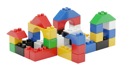 Obraz premium Colorful building blocks construction with red, blue, yellow, green, and white pieces, isolated on transparent background