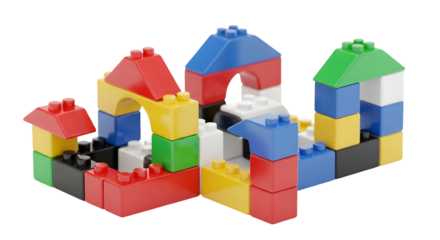 Colorful building blocks construction with red, blue, yellow, green, and white pieces, isolated on transparent background