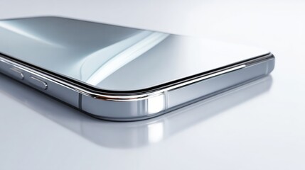 Close-up of Floating Smartphone with Rounded Edges and Soft Lighting in Seamless White Background