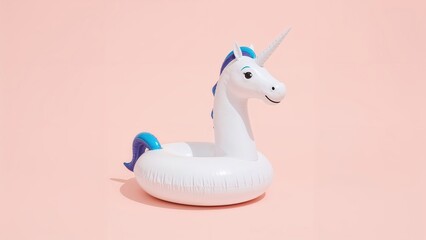 Summer vibes with a unicorn pool inflatable set on a light pink pastel surface.