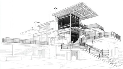 Sleek architectural blueprint highlighting contemporary residential structure, displaying geometric staircases, expansive glazing, and dynamic spatial composition