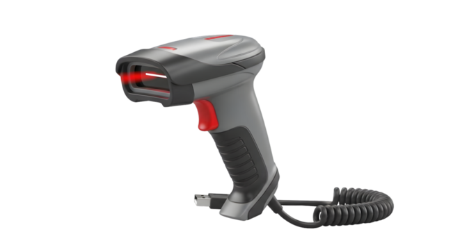 A modern handheld barcode scanner with a red laser, isolated on transparent background