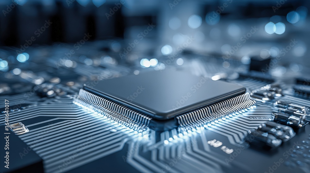Poster high-tech microchip on circuit board for data processing and advanced technology manufacturing