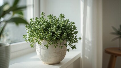 Indoor succulent flourishing in a pot on a windowsill, caring for houseplants inside