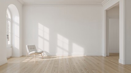 Fototapeta premium Sunlit interior space with a chair adjacent to a blank white wall