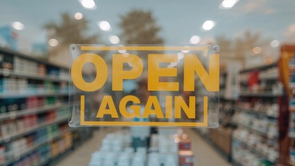 'Open Again' notice on a signboard with retail windows behind. Restarting commerce following lockdown. Idea of economic reopening.
