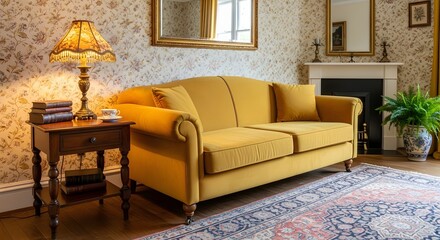 Classic Living Room with a Bright Yellow Velvet Sofa