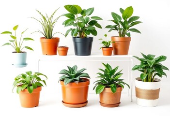 Fototapeta premium Eight diverse potted plants in various containers on a clean white backdrop, monstera, indoor plants
