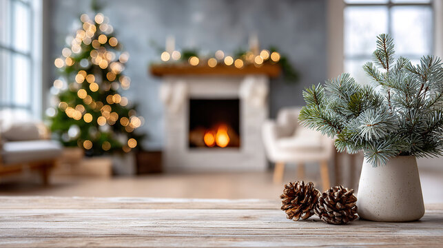Pine branches in vase and cones on wooden table on blurred background with cozy living room decorated with Christmas tree, burning fireplace. Winter holidays background