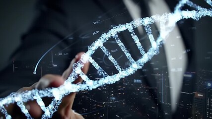 Man In Suit Touches Holographic Dna Over Cityscape At Night With Molecular Structure - Powered by Adobe