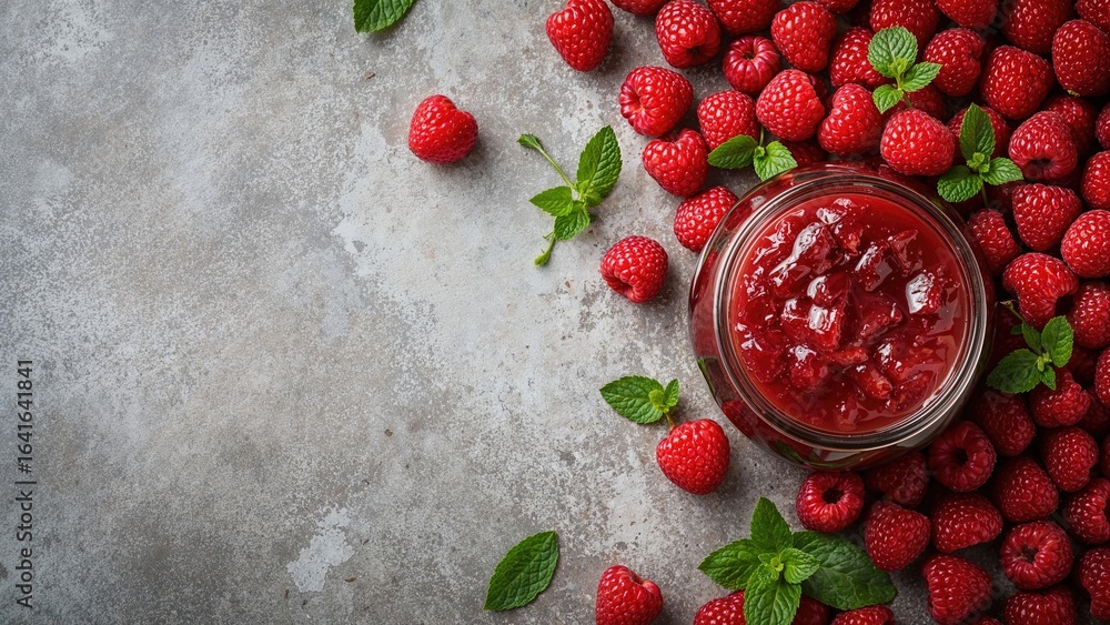 Poster homemade raspberry jam in a glass container accompanied by fresh raspberries and mint leaves set aga