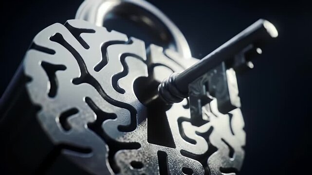 Metal Padlock in Brain Shape with Key Inserted on Dark Background