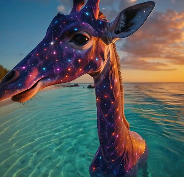 Photorealistic cosmic giraffe with shimmering, galaxy-patterned fur and glowing star-like freckles across its long neck. Generative AI