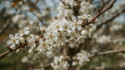 Fototapeta premium Natural spring background with close-up of white flowers on a blossoming blackthorn branch.