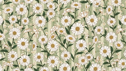 Continuous daisy motif over a sketched striped background