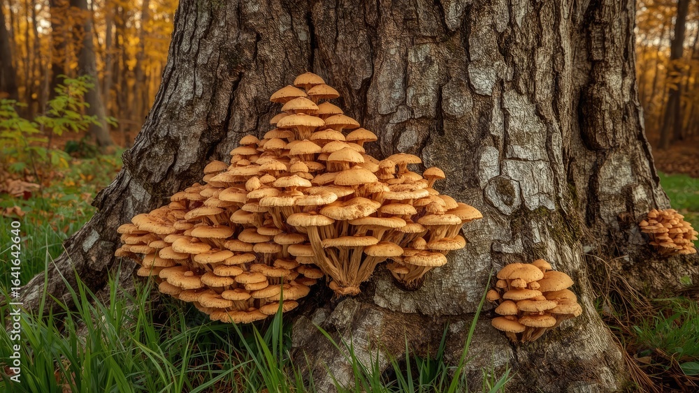 Poster natural pattern of mushrooms on tree with autumn forest backdrop