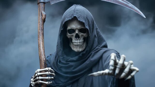 Grim reaper skull with scythe in dark foggy and eerie background.