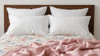 Plush pillows positioned against the bed's headrest, featuring a floral sheet and a blush-colored blanket.