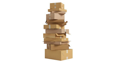 Stack of cardboard boxes for shipping and delivery, isolated on transparent background