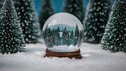 Macro shot of an empty snow globe coated with snow, situated in a man-made forest. Illustrating coronavirus protective concepts for Christmas time.