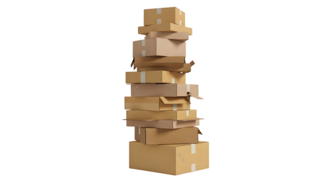 Stack of cardboard boxes for shipping and delivery, isolated on transparent background