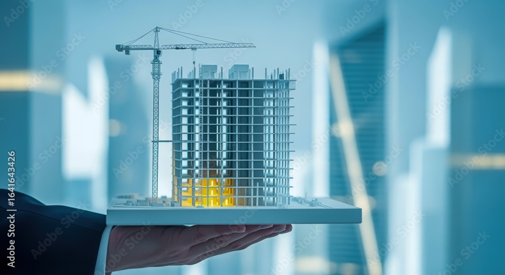 Poster architectural model held in hand: conceptual design of a modern building project with crane