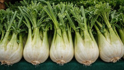 Vibrant green fennel fronds paired with fresh white bulbs arranged attractively for farm produce photography and healthy cuisine concepts.