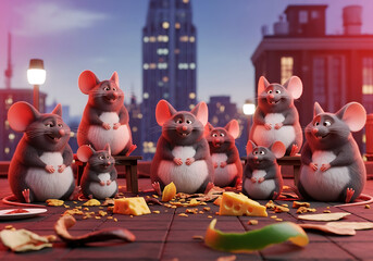 Chubby Cartoon Mice Enjoying a Rooftop Cheese Feast