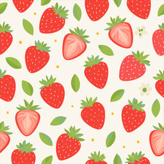 Seamless pattern with ripe strawberries, green leaves, and small flowers. Fresh summer design in flat vector style on a soft pastel background, perfect for textiles and packaging