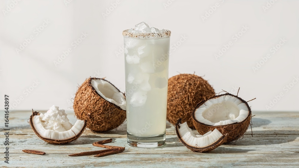 Poster refreshing coconut juice served in a glass alongside coconut bits on a table header