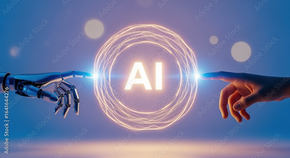 Poster artificial intelligence connection: human and robot hands touching, future technology concept, data 