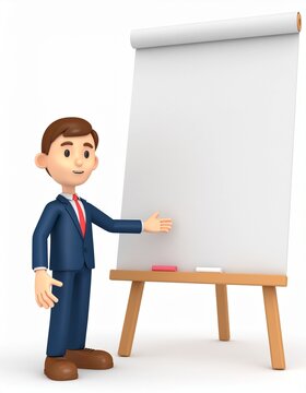 3D cartoon businessman in a suit giving a presentation, gesturing towards a blank flip chart easel. Isolated on a white background.