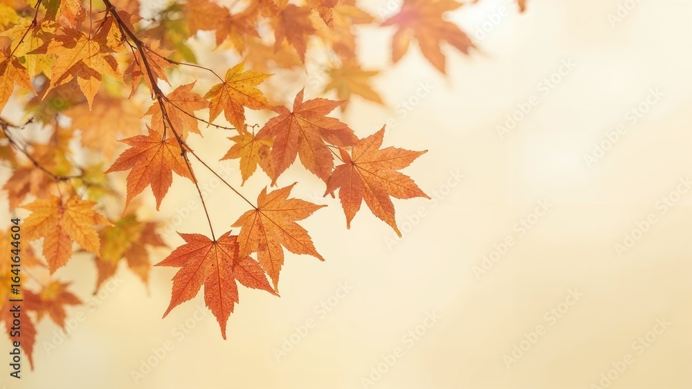 Poster soft-focus image of maple leaves altering their shades in autumn with a clear area for text