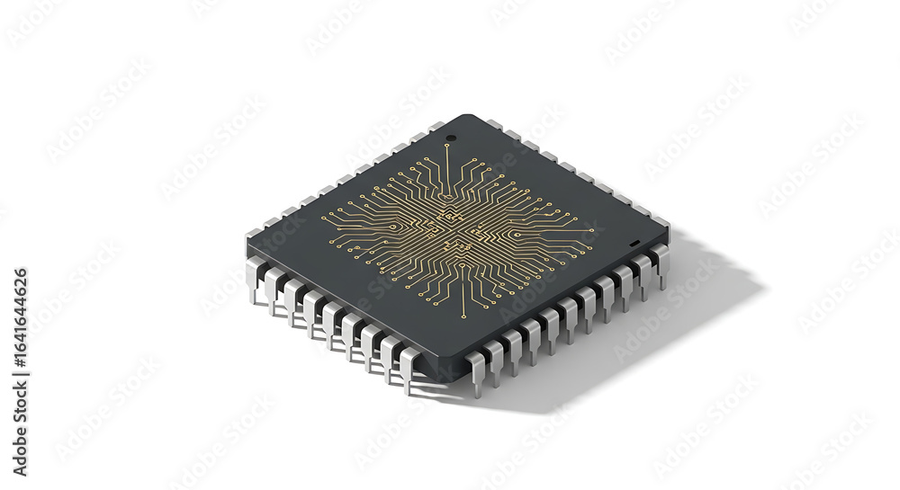 Poster close up shot of a microchip with gold circuitry on a white background in a studio setting