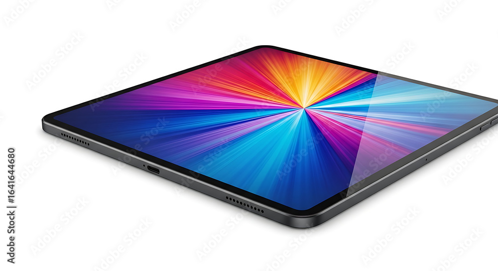 Poster a tablet displaying a colorful abstract wallpaper on its screen resting on a white surface close up 