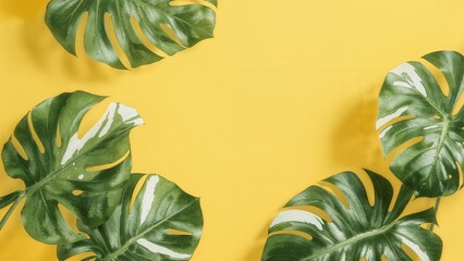 Yellow background showcasing monstera leaf patterns with spacious design, clean and summery look.
