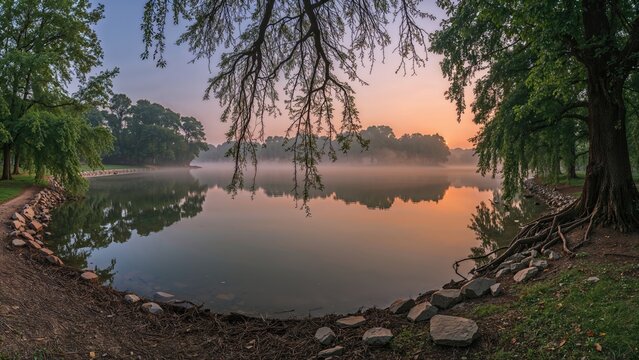 Peaceful waters enveloped by early dawn fog