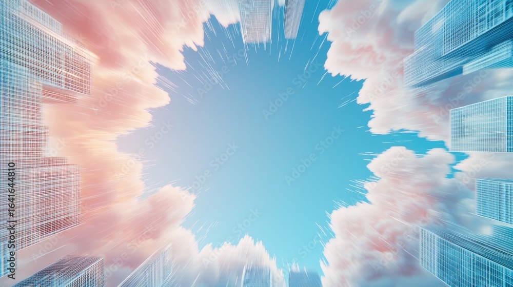 Poster dynamic cloud zoom burst over a cityscape, creating energy and movement in the scene.