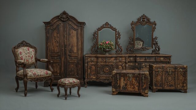 Classic vintage furniture displayed on a gray setting